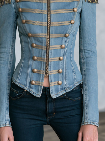 Western Retro Tassel Button Zipper Light Blue Denim Jacket