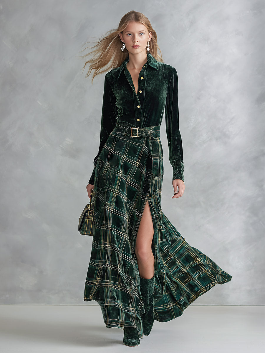 Vintage Ethnic Style Green Plaid Velvet Maxi Dress