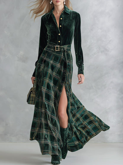 Vintage Ethnic Style Green Plaid Velvet Maxi Dress