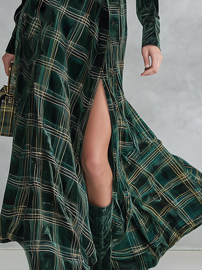 Vintage Ethnic Style Green Plaid Velvet Maxi Dress