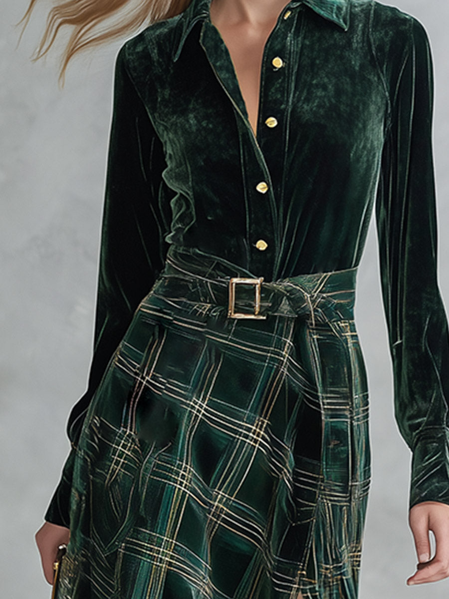 Vintage Ethnic Style Green Plaid Velvet Maxi Dress