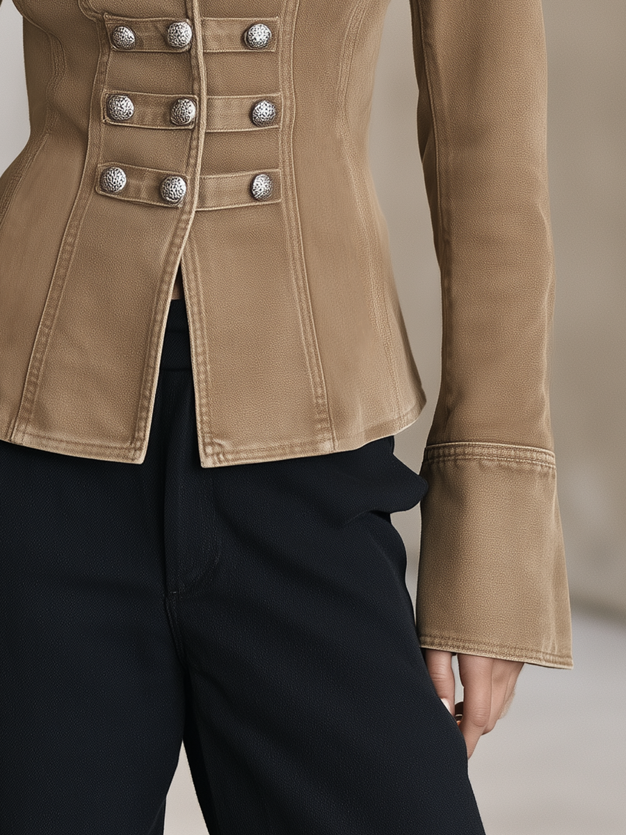 Khaki Military Denim Jacket Women Stand Collar Double-Breasted Fitted