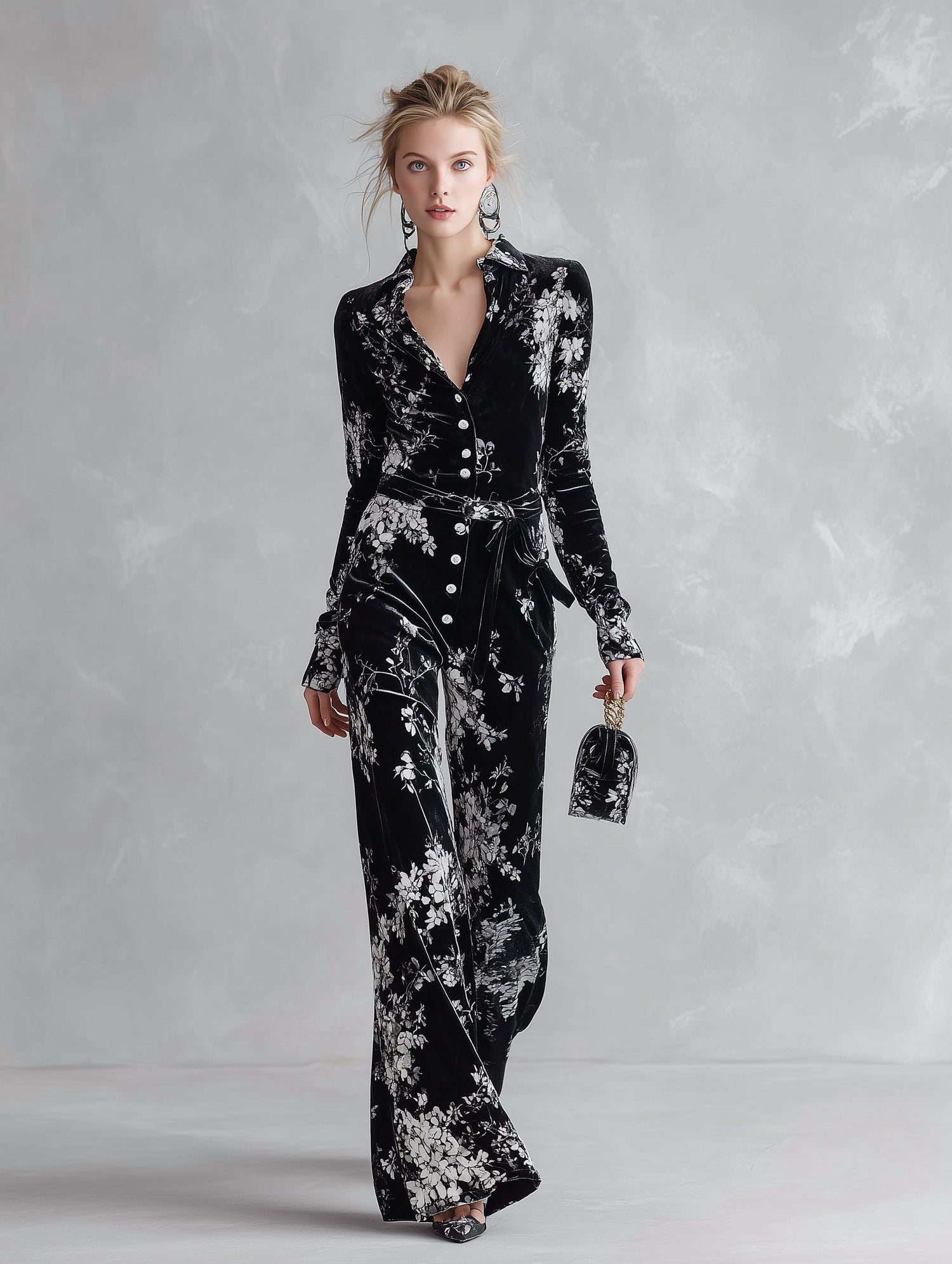 Floral Print Velvet Long Sleeve Wide Leg Jumpsuit