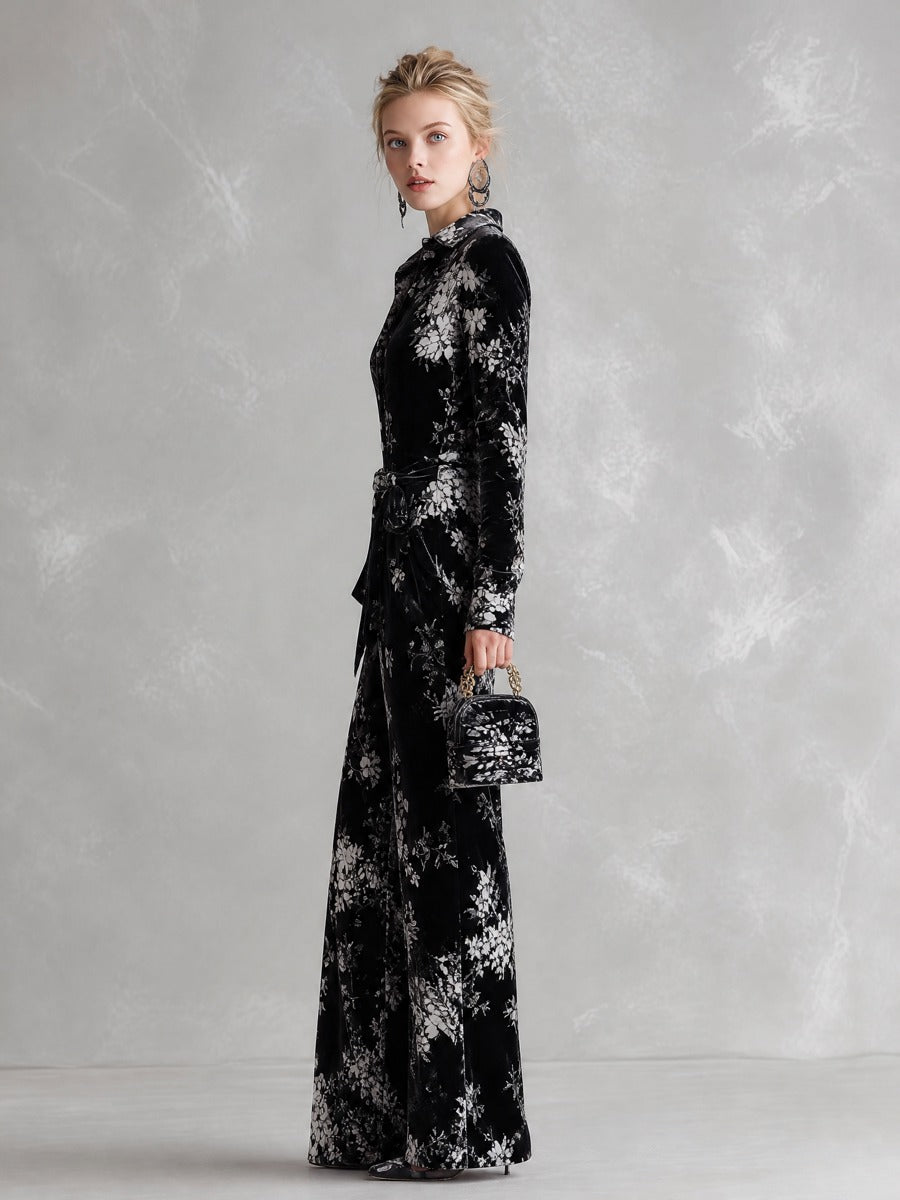 Floral Print Velvet Long Sleeve Wide Leg Jumpsuit
