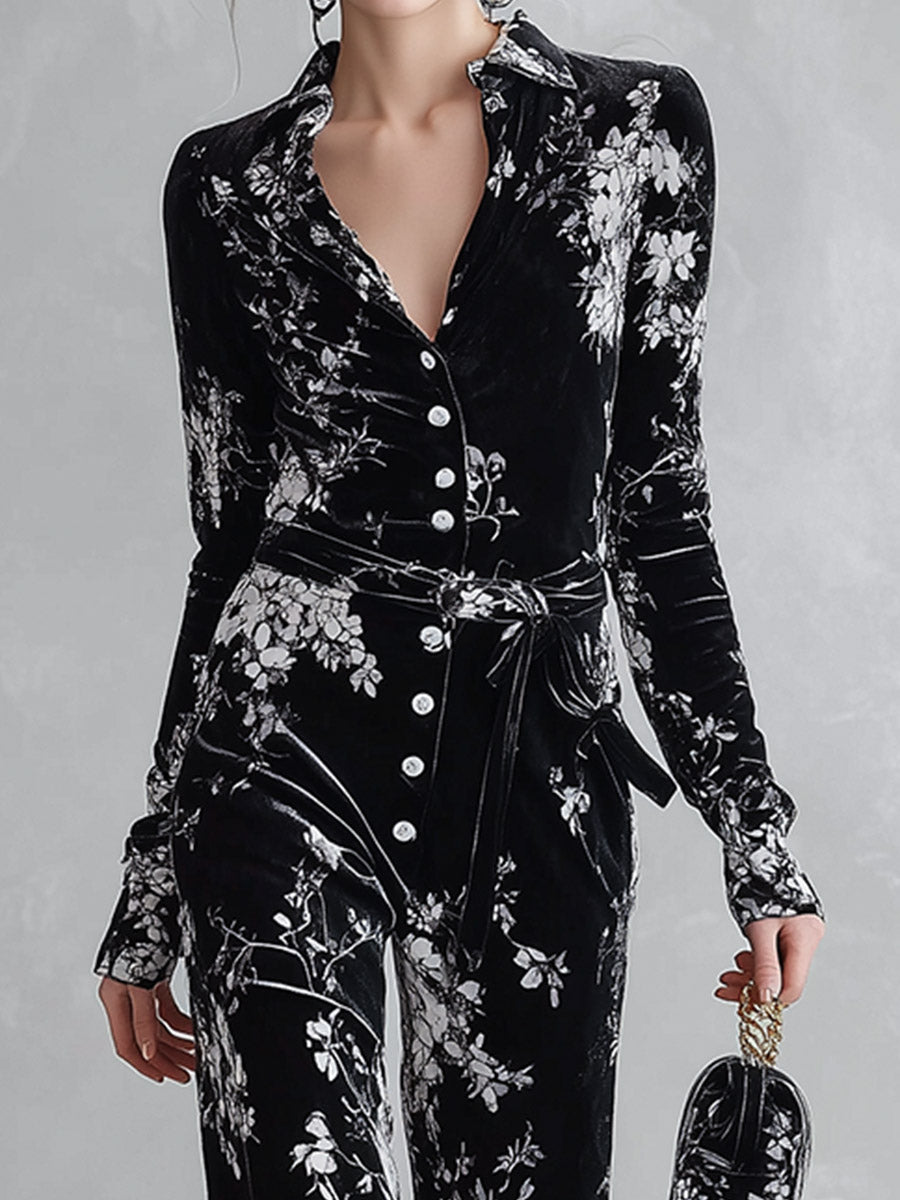 Floral Print Velvet Long Sleeve Wide Leg Jumpsuit