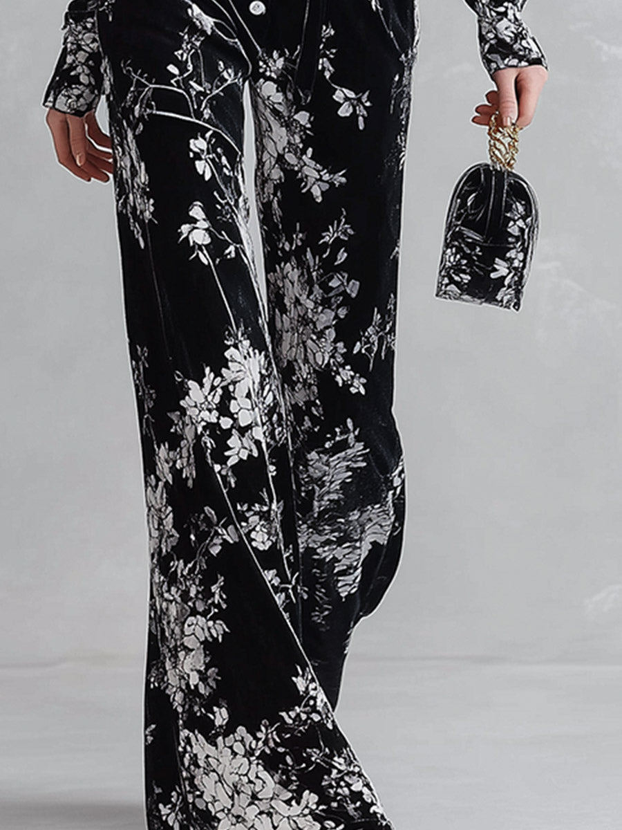 Floral Print Velvet Long Sleeve Wide Leg Jumpsuit