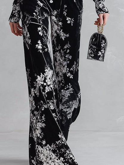 Floral Print Velvet Long Sleeve Wide Leg Jumpsuit