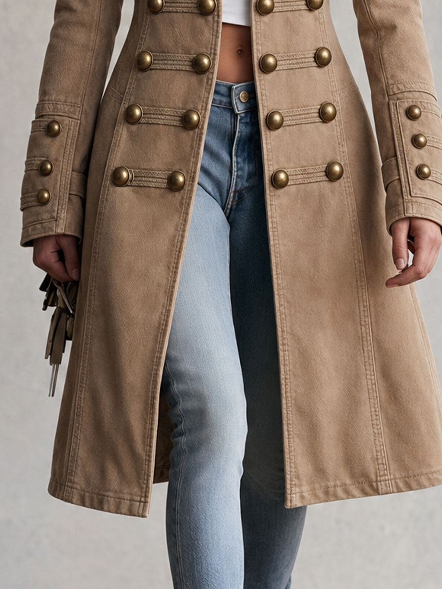 Vintage Gold Button Brown Washed Denim Officer Slim Fit Coat