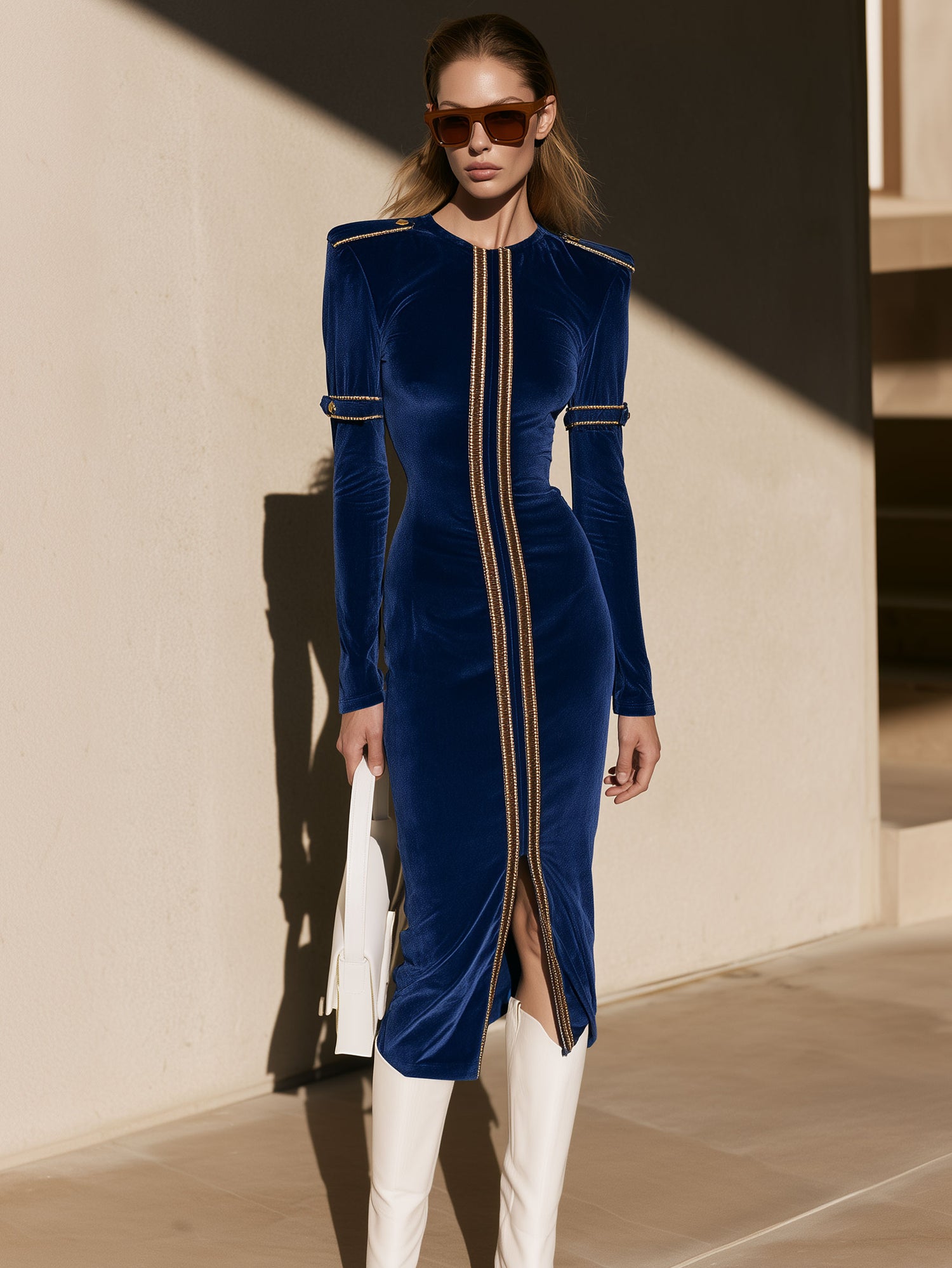 Fashionable Retro Gold Epaulette Royal Blue Velvet Slit Long-sleeved Midi Dress