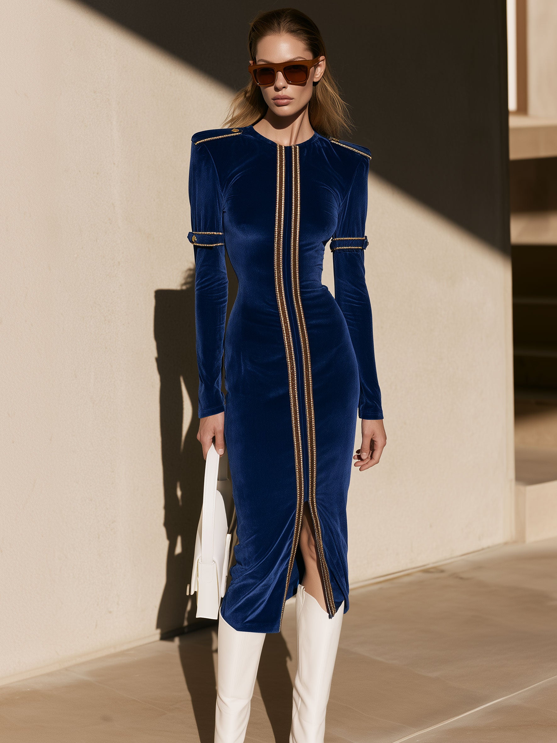 Fashionable Retro Gold Epaulette Royal Blue Velvet Slit Long-sleeved Midi Dress