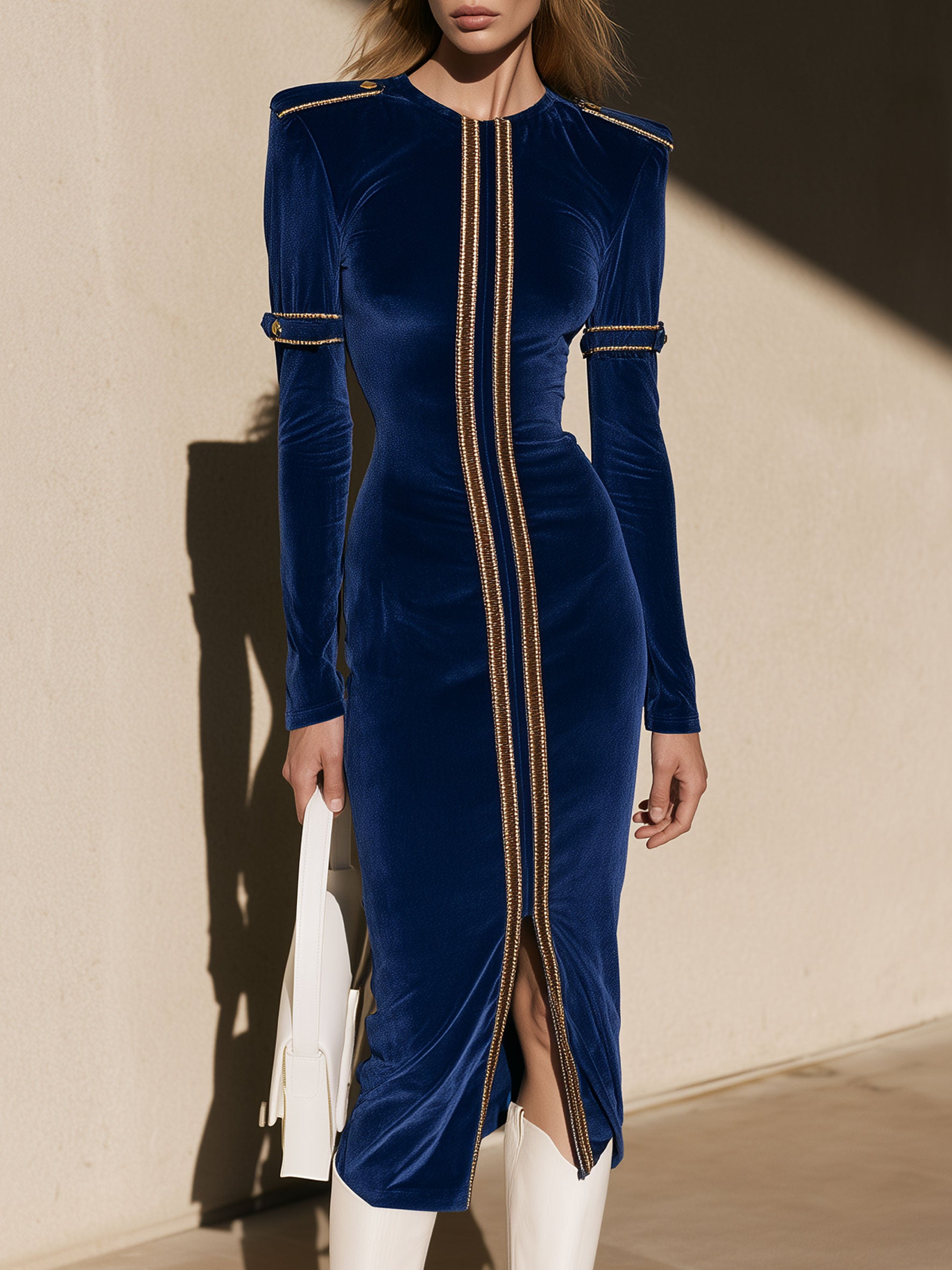 Fashionable Retro Gold Epaulette Royal Blue Velvet Slit Long-sleeved Midi Dress