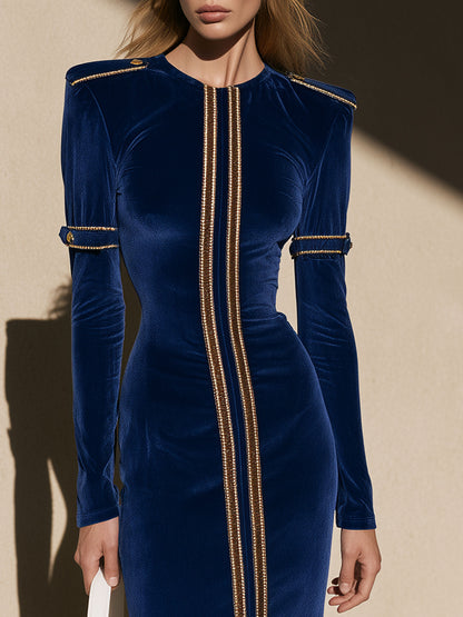 Fashionable Retro Gold Epaulette Royal Blue Velvet Slit Long-sleeved Midi Dress