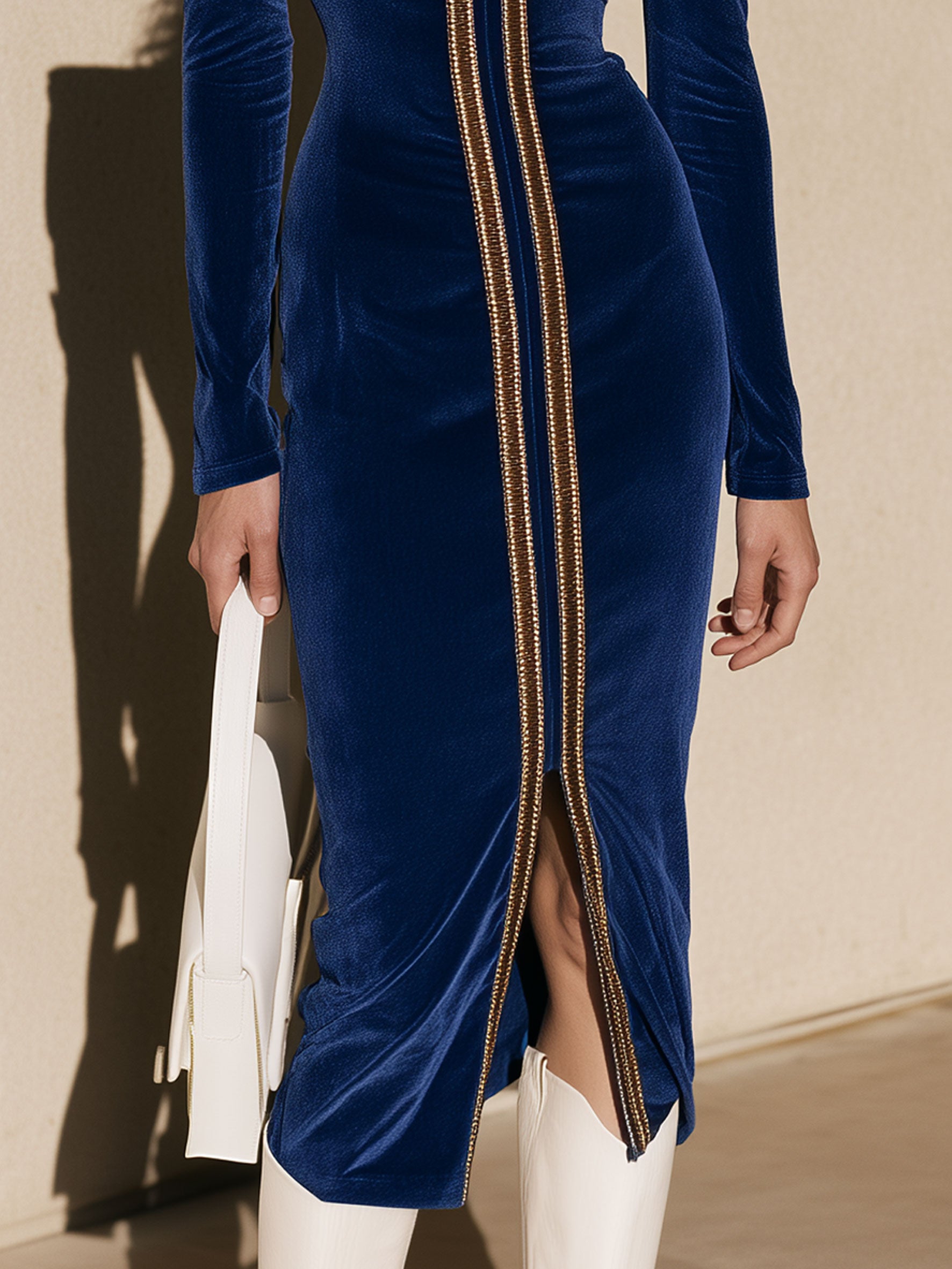 Fashionable Retro Gold Epaulette Royal Blue Velvet Slit Long-sleeved Midi Dress