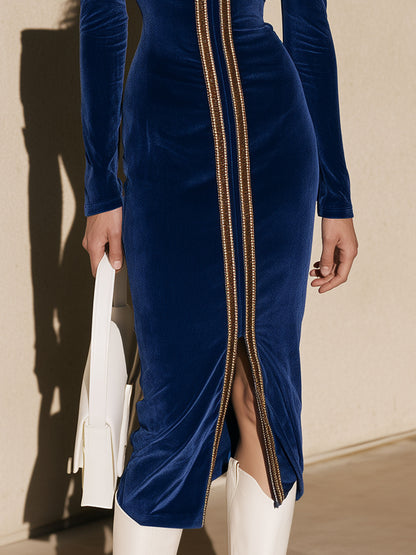 Fashionable Retro Gold Epaulette Royal Blue Velvet Slit Long-sleeved Midi Dress