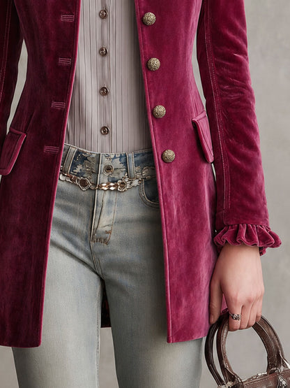 Vintage Rose Red Velvet Embroidered Military Coat