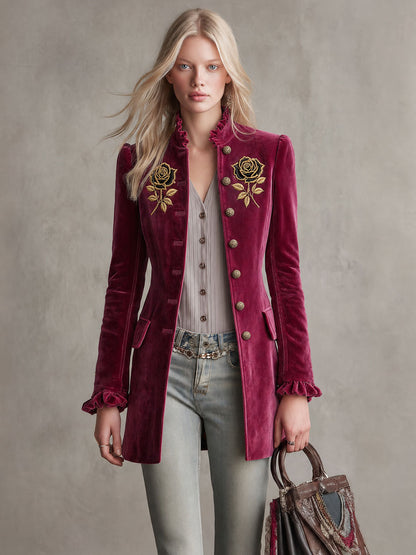 Vintage Rose Red Velvet Embroidered Military Coat