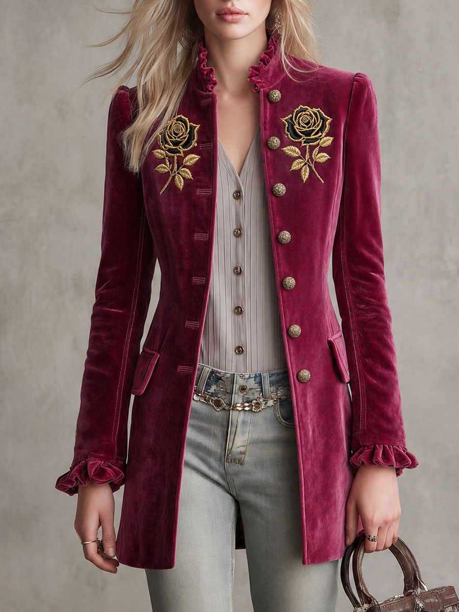 Vintage Rose Red Velvet Embroidered Military Coat