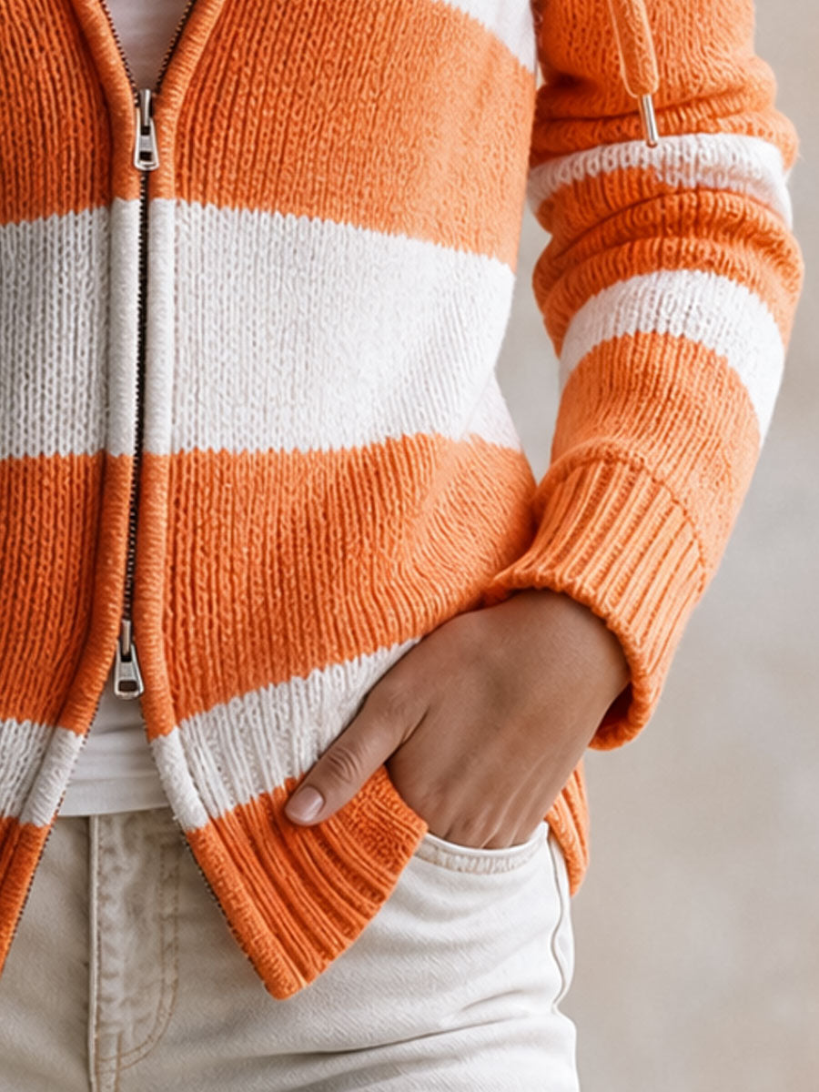 Casual Retro Orange Faux Fur Hooded Knit Cardigan