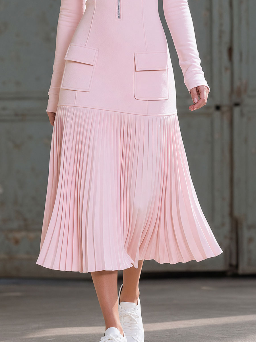 Casual, Retro, Elegant Pink Pleated Cotton Blend Midi Dress
