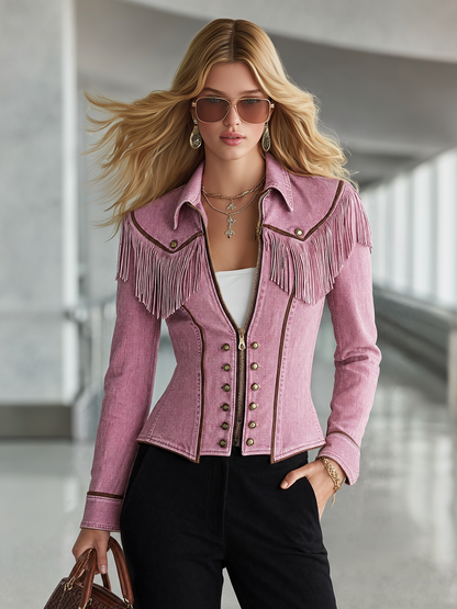 Pink Washed Denim Blazer Double-Breasted Gold Buttons Western Fitted Jacket