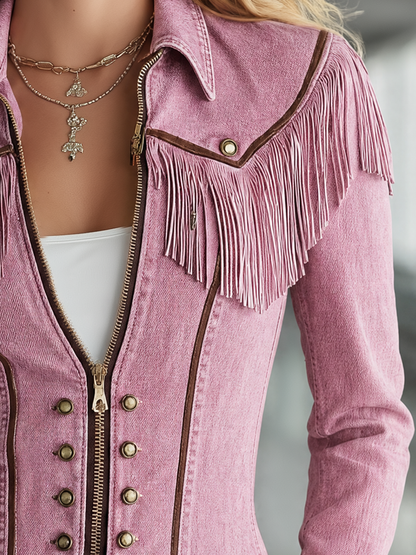 Pink Washed Denim Blazer Double-Breasted Gold Buttons Western Fitted Jacket