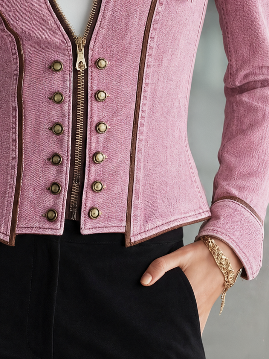 Pink Washed Denim Blazer Double-Breasted Gold Buttons Western Fitted Jacket
