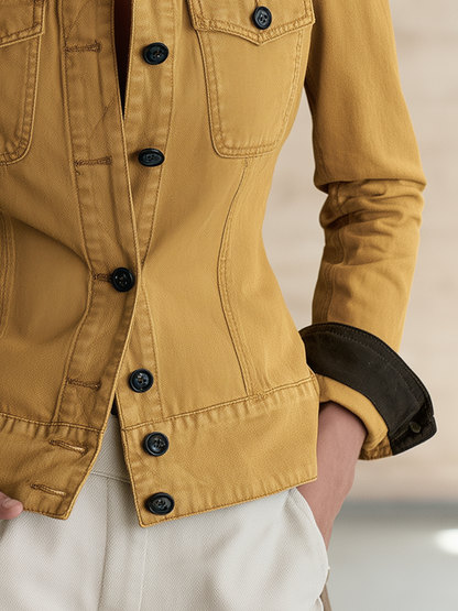 Mustard Yellow Fitted Denim Jacket Women Contrast Collar Western Cropped