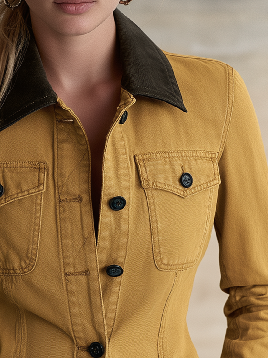 Mustard Yellow Fitted Denim Jacket Women Contrast Collar Western Cropped