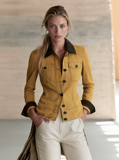 Mustard Yellow Fitted Denim Jacket Women Contrast Collar Western Cropped
