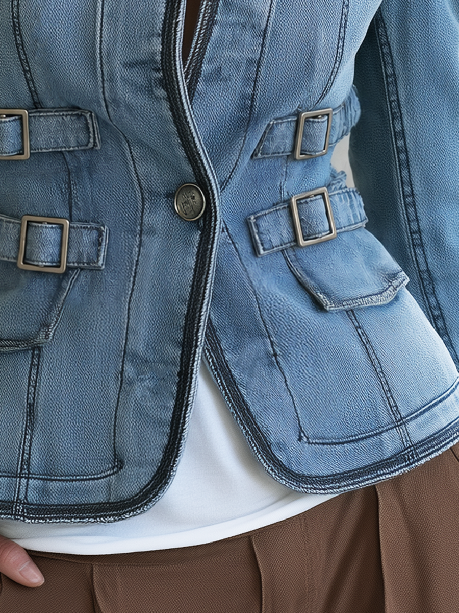 Light Blue Fitted Denim Jacket Women Stand Collar Buckle Belt Detail