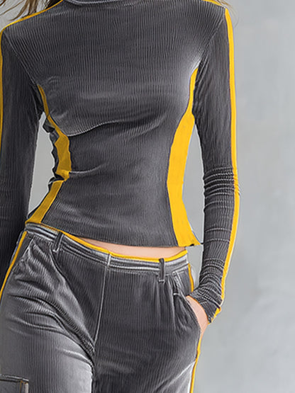 Stylish Color-block Trim Grey Top &amp; Cargo Pants Textured Velvet Set