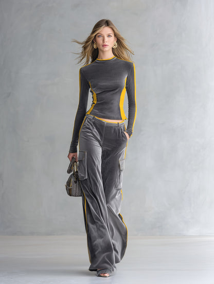 Stylish Color-block Trim Grey Top &amp; Cargo Pants Textured Velvet Set
