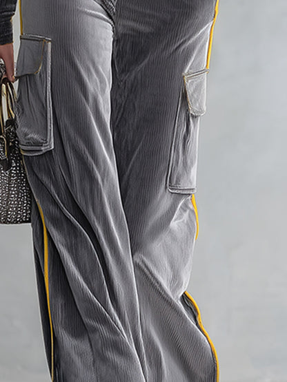Stylish Color-block Trim Grey Top &amp; Cargo Pants Textured Velvet Set