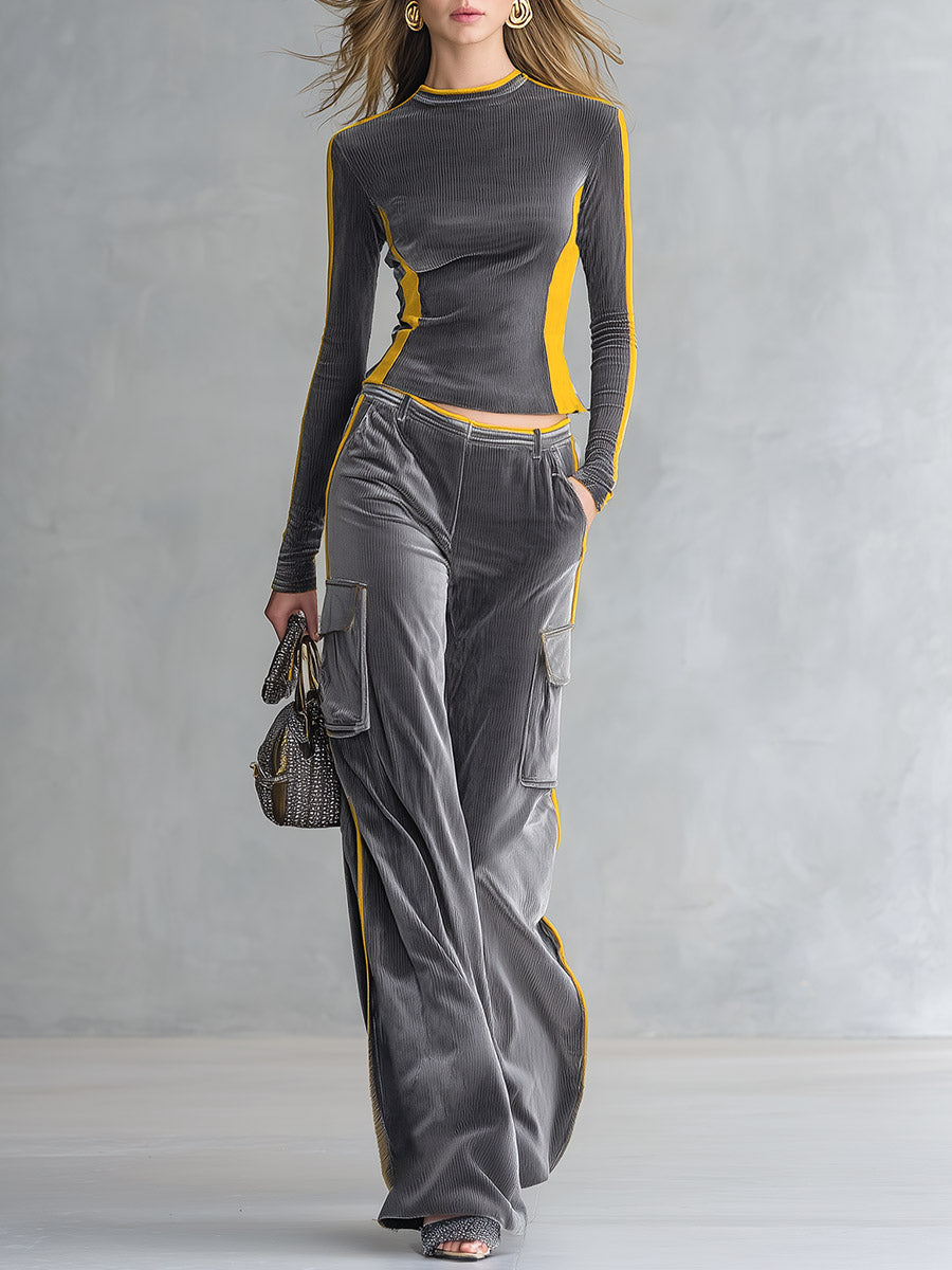 Stylish Color-block Trim Grey Top &amp; Cargo Pants Textured Velvet Set