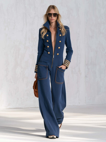 Vintage Military Navy Gold-Button Zip-Front Wide-Leg Sweatshirt Jumpsuit With Pockets