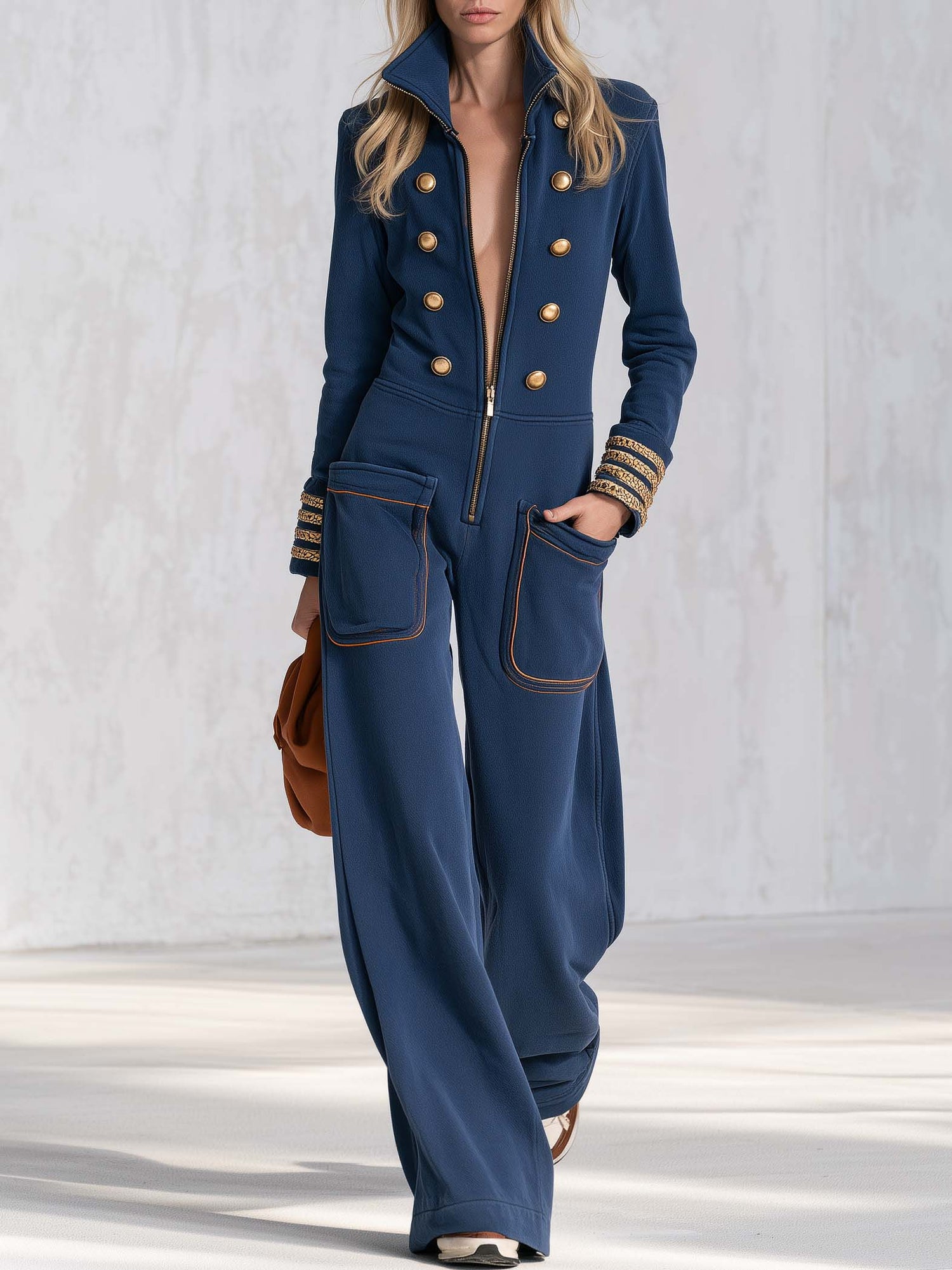 Vintage Military Navy Gold-Button Zip-Front Wide-Leg Sweatshirt Jumpsuit With Pockets