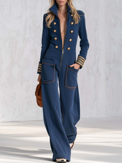 Vintage Military Navy Gold-Button Zip-Front Wide-Leg Sweatshirt Jumpsuit With Pockets