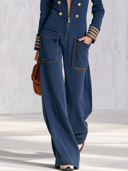 Vintage Military Navy Gold-Button Zip-Front Wide-Leg Sweatshirt Jumpsuit With Pockets