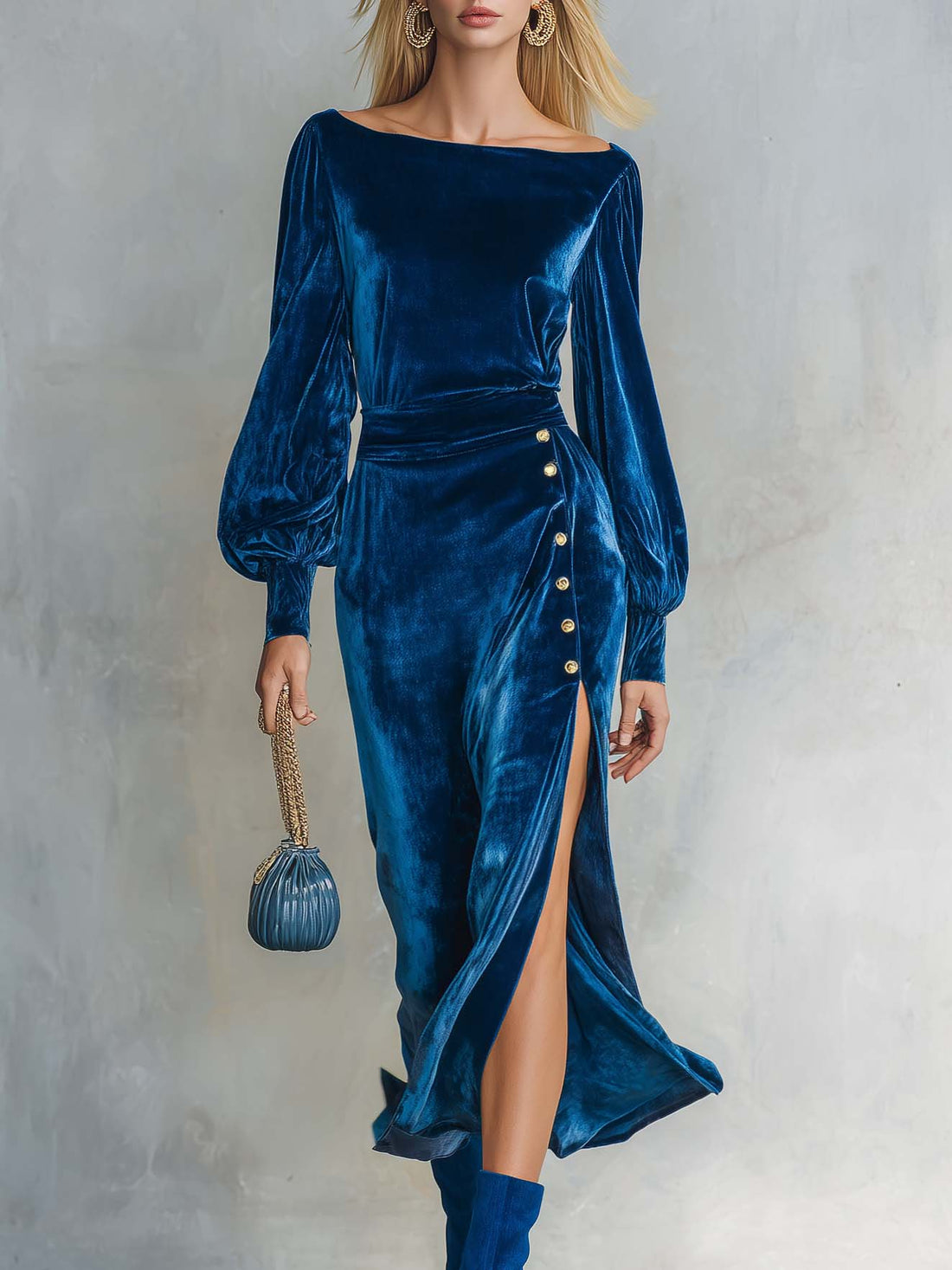 Elegant Retro Royal Blue Velvet Boat-Neck Bishop-Sleeve Gold-Button Slit Midi Dress