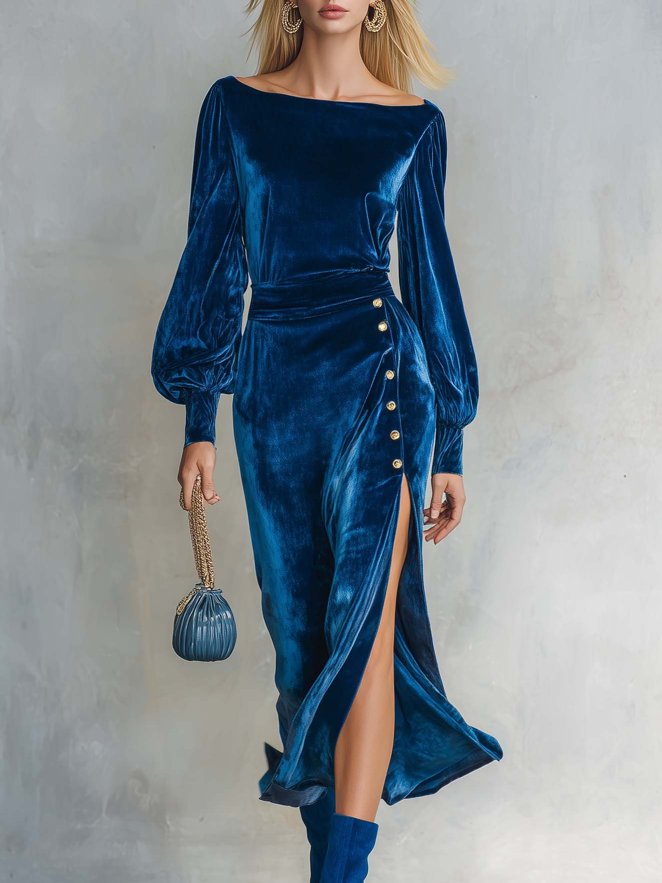 Elegant Retro Royal Blue Velvet Boat-Neck Bishop-Sleeve Gold-Button Slit Midi Dress
