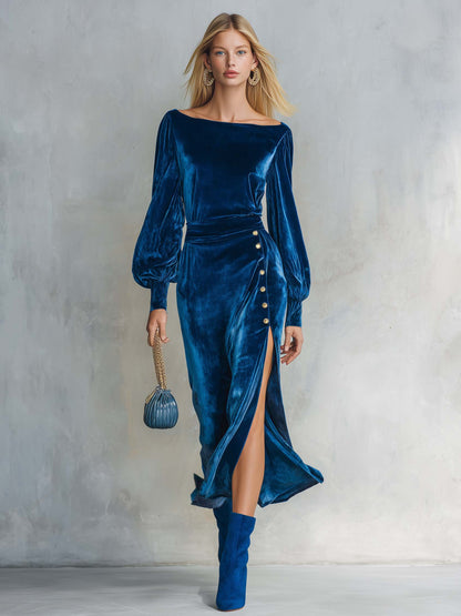 Elegant Retro Royal Blue Velvet Boat-Neck Bishop-Sleeve Gold-Button Slit Midi Dress