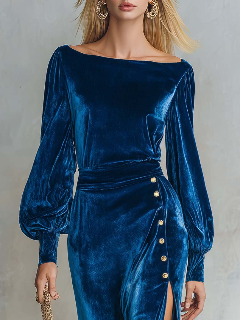Elegant Retro Royal Blue Velvet Boat-Neck Bishop-Sleeve Gold-Button Slit Midi Dress