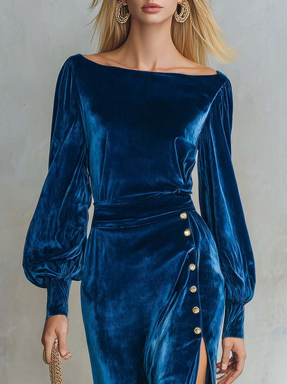 Elegant Retro Royal Blue Velvet Boat-Neck Bishop-Sleeve Gold-Button Slit Midi Dress