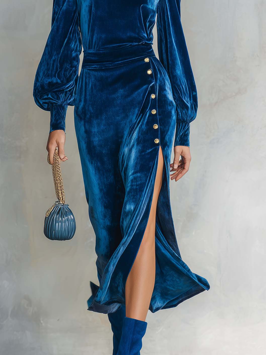 Elegant Retro Royal Blue Velvet Boat-Neck Bishop-Sleeve Gold-Button Slit Midi Dress