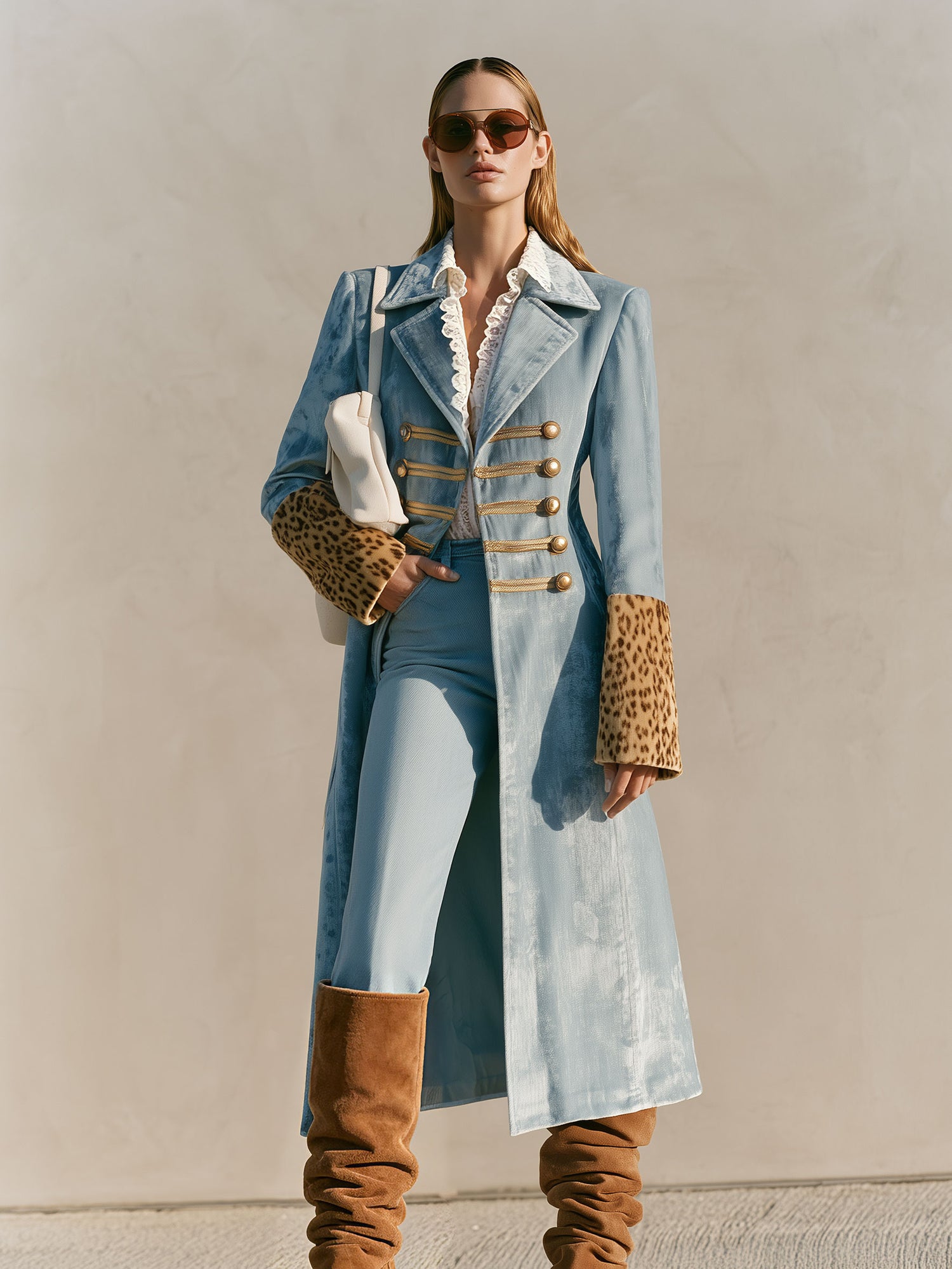 Stylish Retro Leopard Print Sleeve And Chinese Knot Button Light Blue Velvet Coat