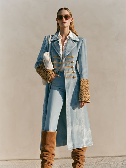 Stylish Retro Leopard Print Sleeve And Chinese Knot Button Light Blue Velvet Coat