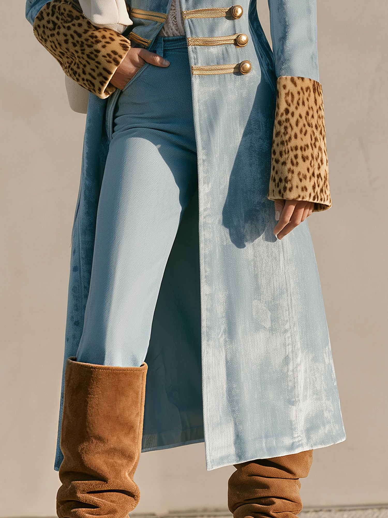 Stylish Retro Leopard Print Sleeve And Chinese Knot Button Light Blue Velvet Coat