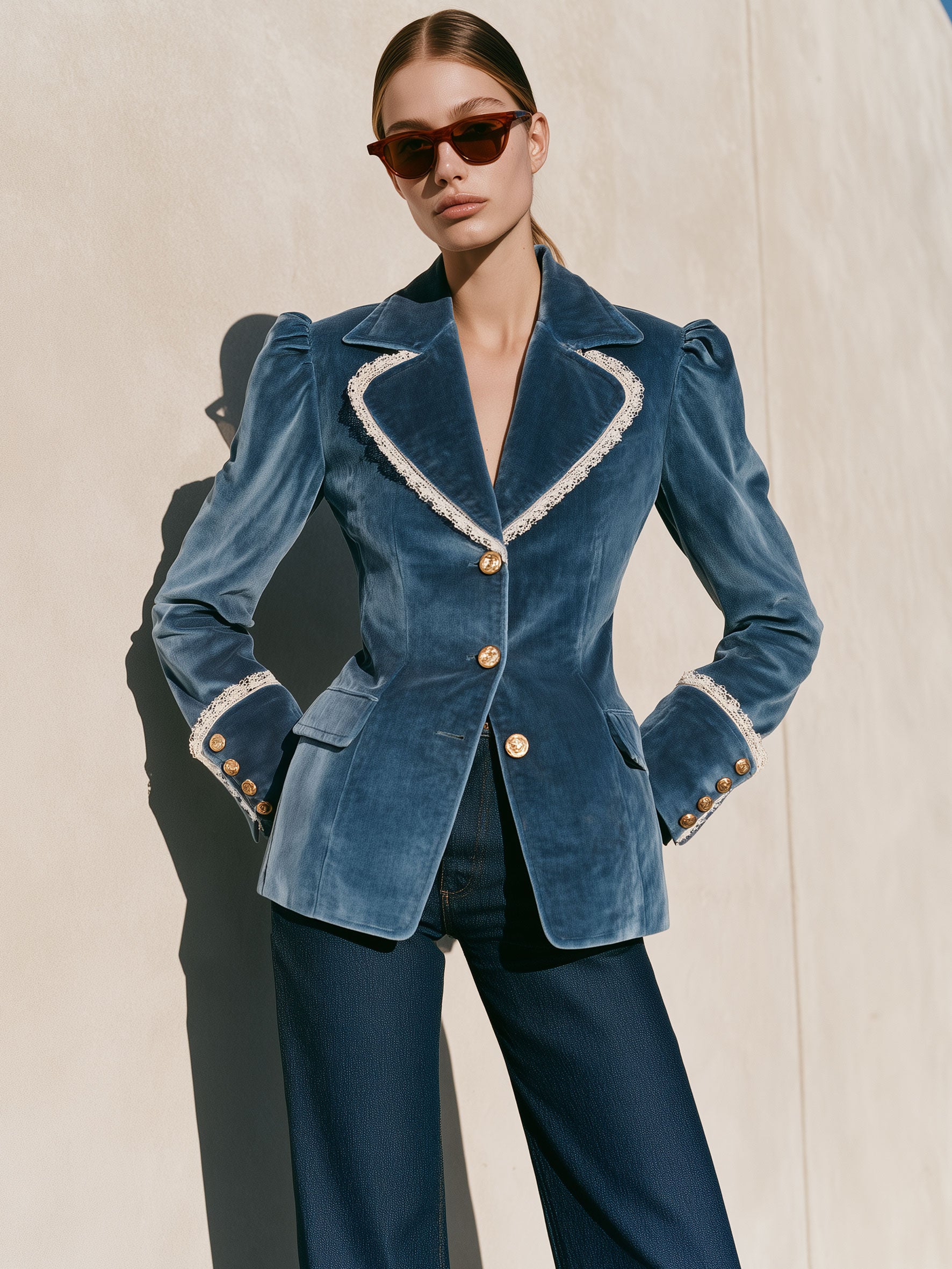 Fashionable Retro Lace-trimmed Lake Blue Velvet Blazer