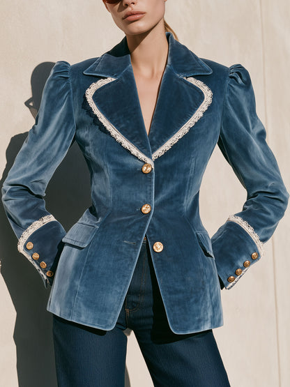 Fashionable Retro Lace-trimmed Lake Blue Velvet Blazer