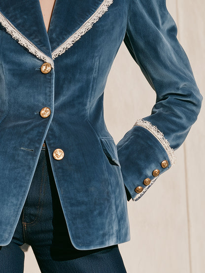 Fashionable Retro Lace-trimmed Lake Blue Velvet Blazer